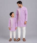 Pastel purple kurta pyjama with attached jacket father son combo set