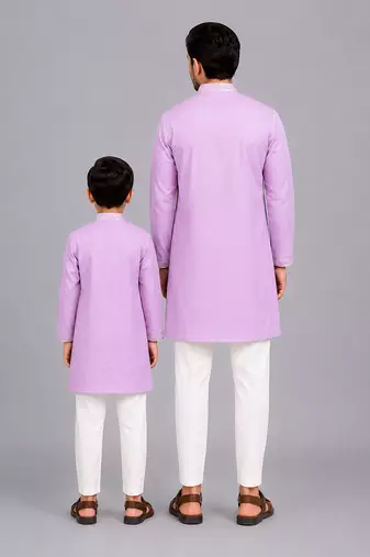 Pastel purple kurta pyjama with attached jacket father son combo set