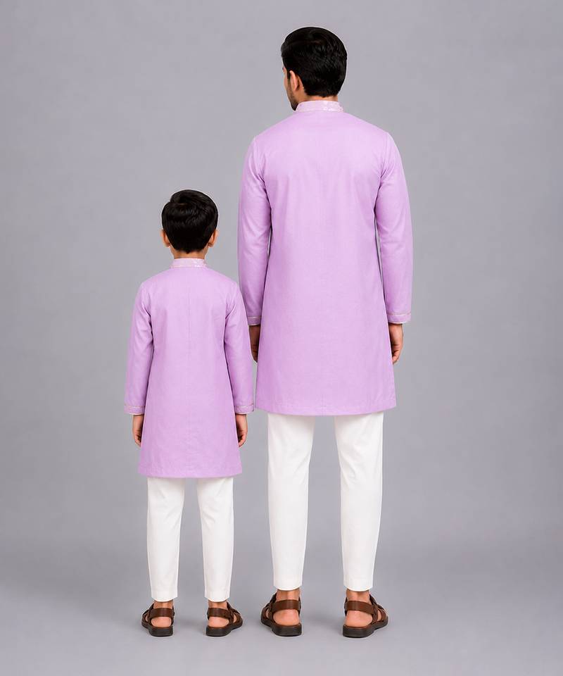 Pastel purple kurta pyjama with attached jacket father son combo set