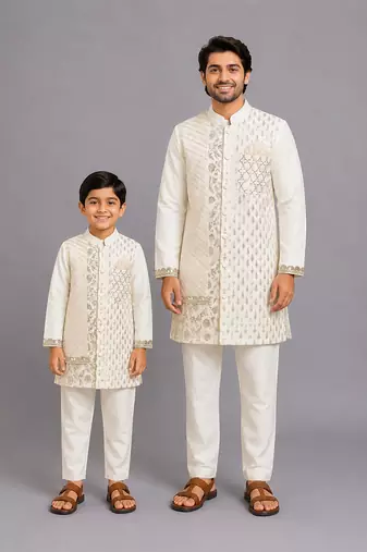 Offwhite multi zari panelled kurta pyjama father son combo set