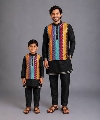 Black kurta ethnic set with colorful panels father son combo set 1
