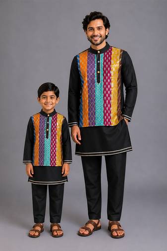 Black kurta ethnic set with colorful panels father son combo set