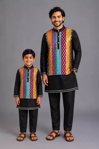 Black kurta ethnic set with colorful panels father son combo set
