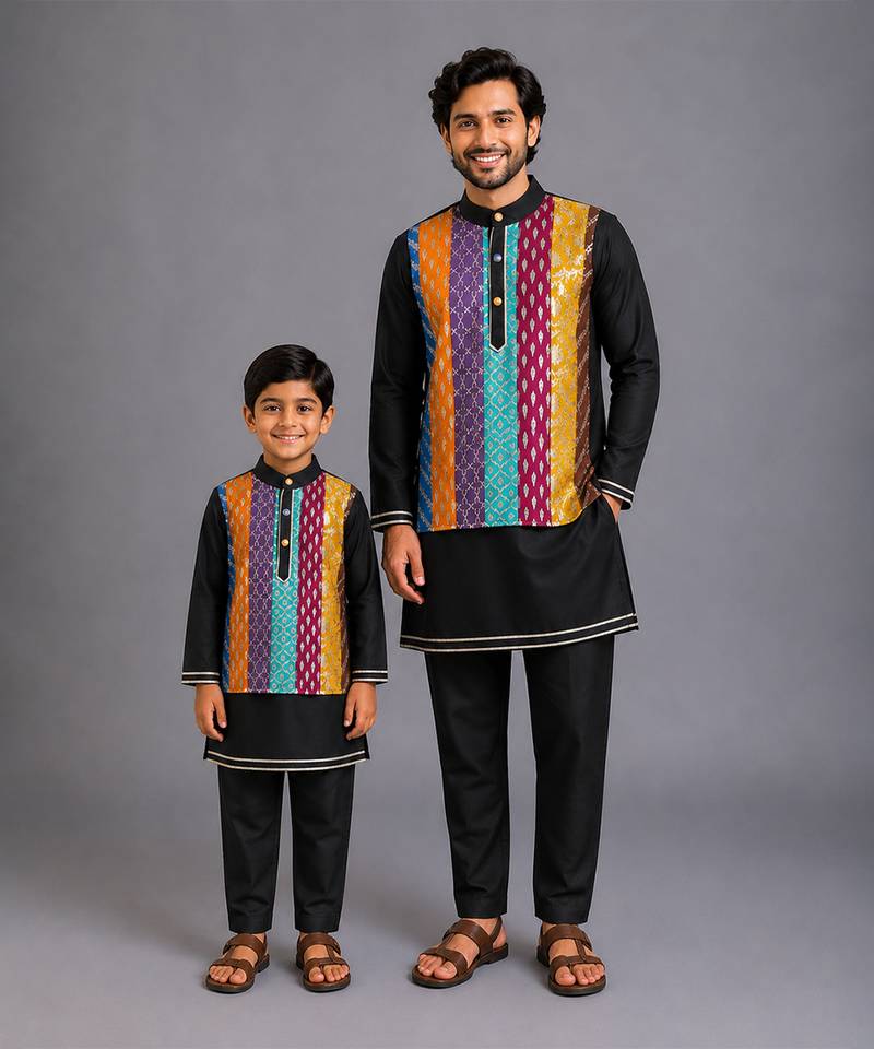 Black kurta ethnic set with colorful panels father son combo set