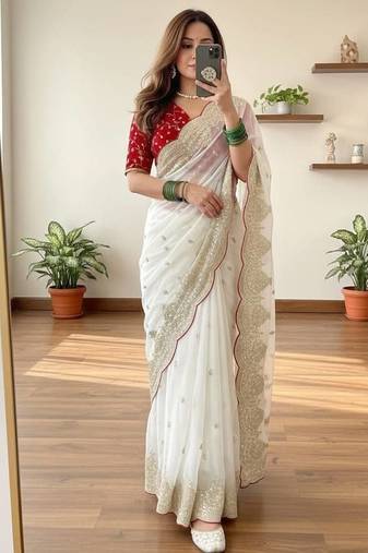 White Color Embroidery Sequence Border Work Chiffon Saree