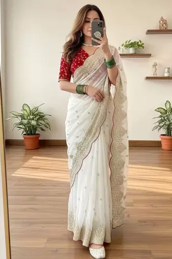 White Color Embroidery Sequence Border Work Chiffon Saree