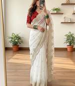 White Color Embroidery Sequence Border Work Chiffon Saree
