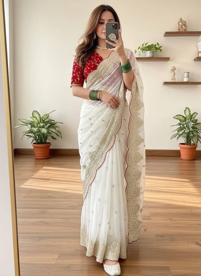 White Color Embroidery Sequence Border Work Chiffon Saree
