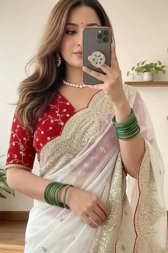 White Color Embroidery Sequence Border Work Chiffon Saree