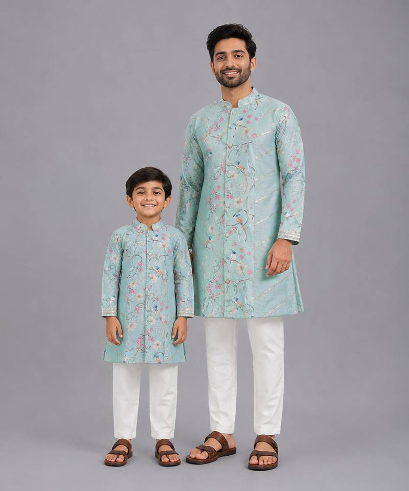 Pastel bird printed kurta pyjama father son combo set