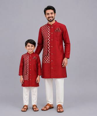 Maroon chanderi panel kurta pyjama father son combo set 1