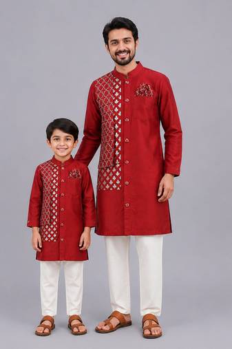 Maroon chanderi panel kurta pyjama father son combo set