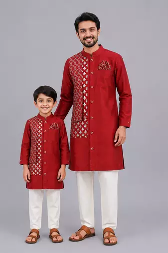 Maroon chanderi panel kurta pyjama father son combo set