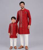 Maroon chanderi panel kurta pyjama father son combo set