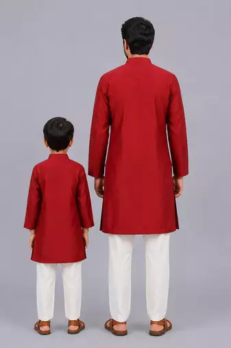 Maroon chanderi panel kurta pyjama father son combo set