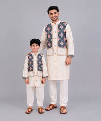 Off white kurta pyjama with printed attached jacket father son combo set 1