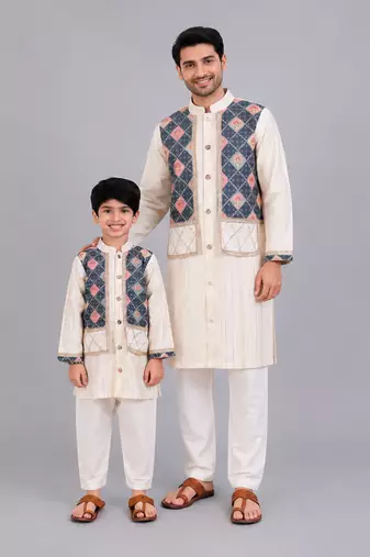 Off white kurta pyjama with printed attached jacket father son combo set