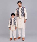 Off white kurta pyjama with printed attached jacket father son combo set