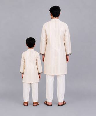 Off white kurta pyjama with printed attached jacket father son combo set 2