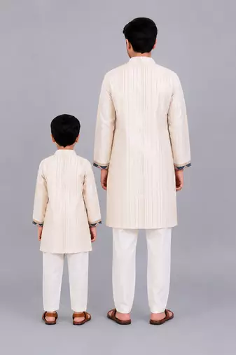 Off white kurta pyjama with printed attached jacket father son combo set