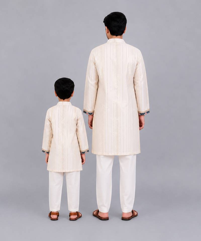 Off white kurta pyjama with printed attached jacket father son combo set