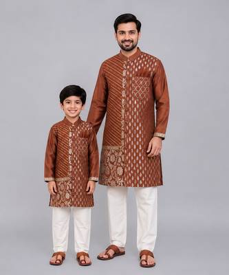 Brown chanderi panel kurta pyjama father son combo set 1