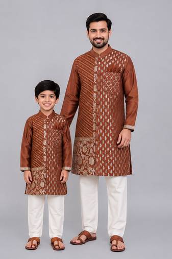 Brown chanderi panel kurta pyjama father son combo set