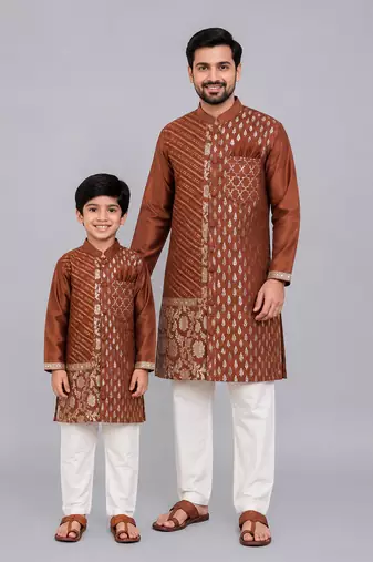 Brown chanderi panel kurta pyjama father son combo set