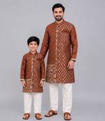 Brown chanderi panel kurta pyjama father son combo set