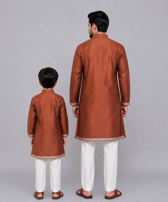 Brown chanderi panel kurta pyjama father son combo set 2