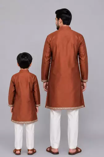 Brown chanderi panel kurta pyjama father son combo set