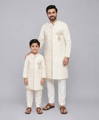 Off white velvet kurta set with chanderi panel father son combo set 1