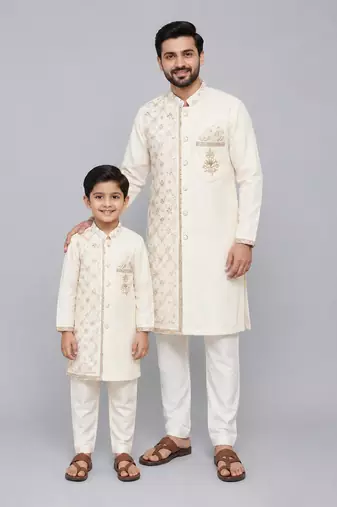 Off white velvet kurta set with chanderi panel father son combo set
