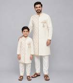 Off white velvet kurta set with chanderi panel father son combo set