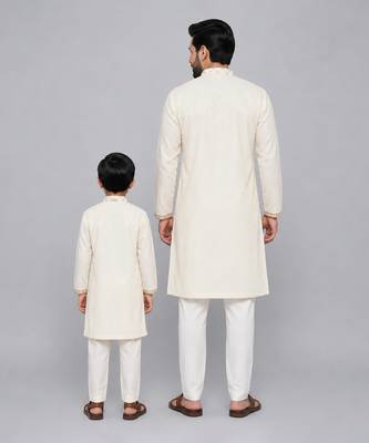 Off white velvet kurta set with chanderi panel father son combo set 2