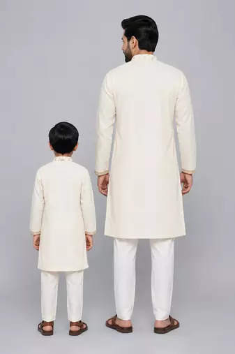 Off white velvet kurta set with chanderi panel father son combo set