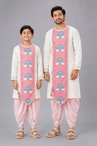 Cow printed pink and off white kurta payjama father son combo set