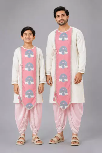 Cow printed pink and off white kurta payjama father son combo set