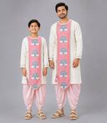 Cow printed pink and off white kurta payjama father son combo set