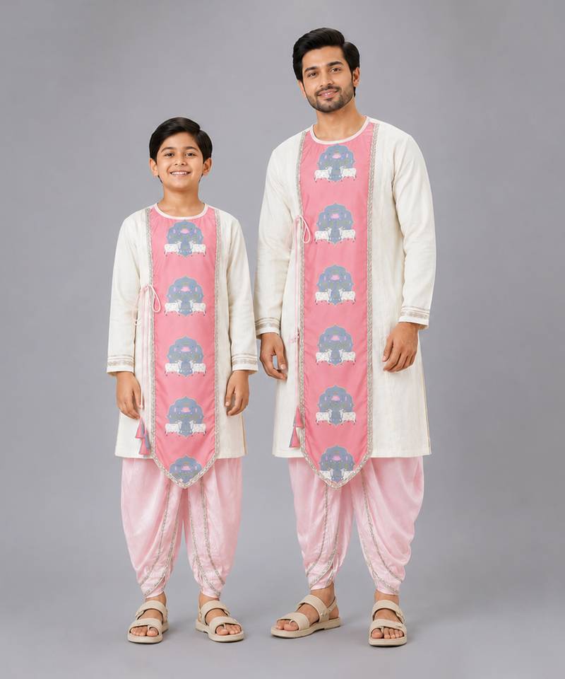 Cow printed pink and off white kurta payjama father son combo set