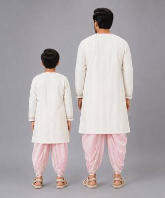 Cow printed pink and off white kurta payjama father son combo set 2