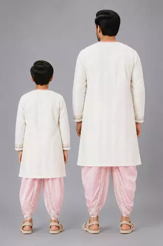 Cow printed pink and off white kurta payjama father son combo set