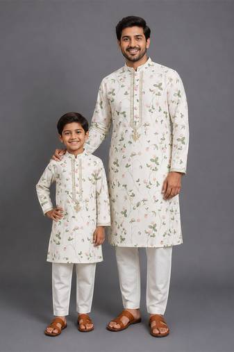 Floral printed kurta with off white pyjama father son combo set