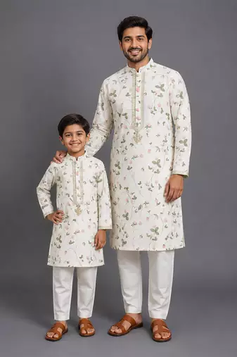 Floral printed kurta with off white pyjama father son combo set