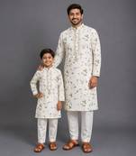 Floral printed kurta with off white pyjama father son combo set