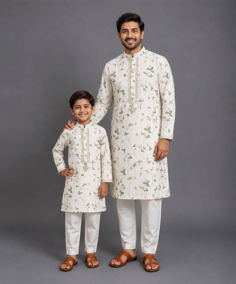 Floral printed kurta with off white pyjama father son combo set