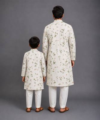 Floral printed kurta with off white pyjama father son combo set 2