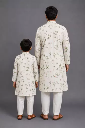 Floral printed kurta with off white pyjama father son combo set