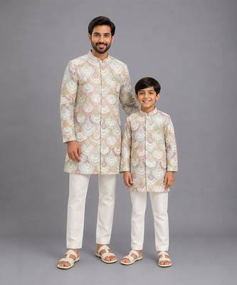 White embroidery bandgala churidar father son combo set 1