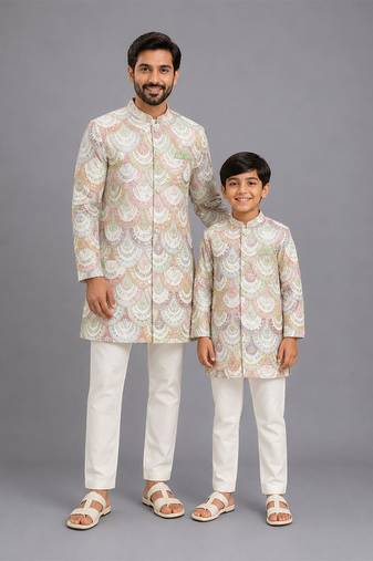 White embroidery bandgala churidar father son combo set